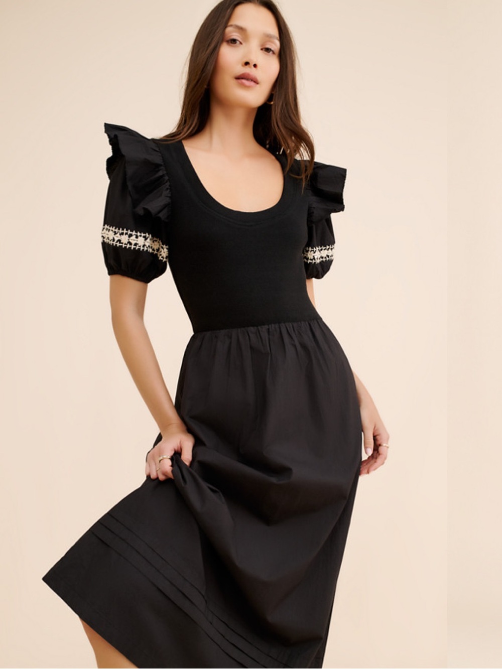 Cleobella Black Ruffled Puff-Sleeve Midi Dress